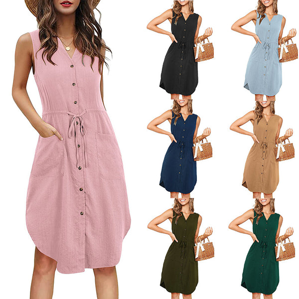 Robe Sans Manches Col V Boutonnée Avec Poches Robe D'été Décontractée À La Mode Avec Nœud À La Taille Vêtements Pour Femmes