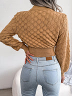 Pull court en maille diamant 3D à manches longues pour femme