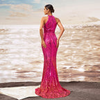 Robe de soirée sirène fourreau moulante à paillettes, col rond et épaules dénudées