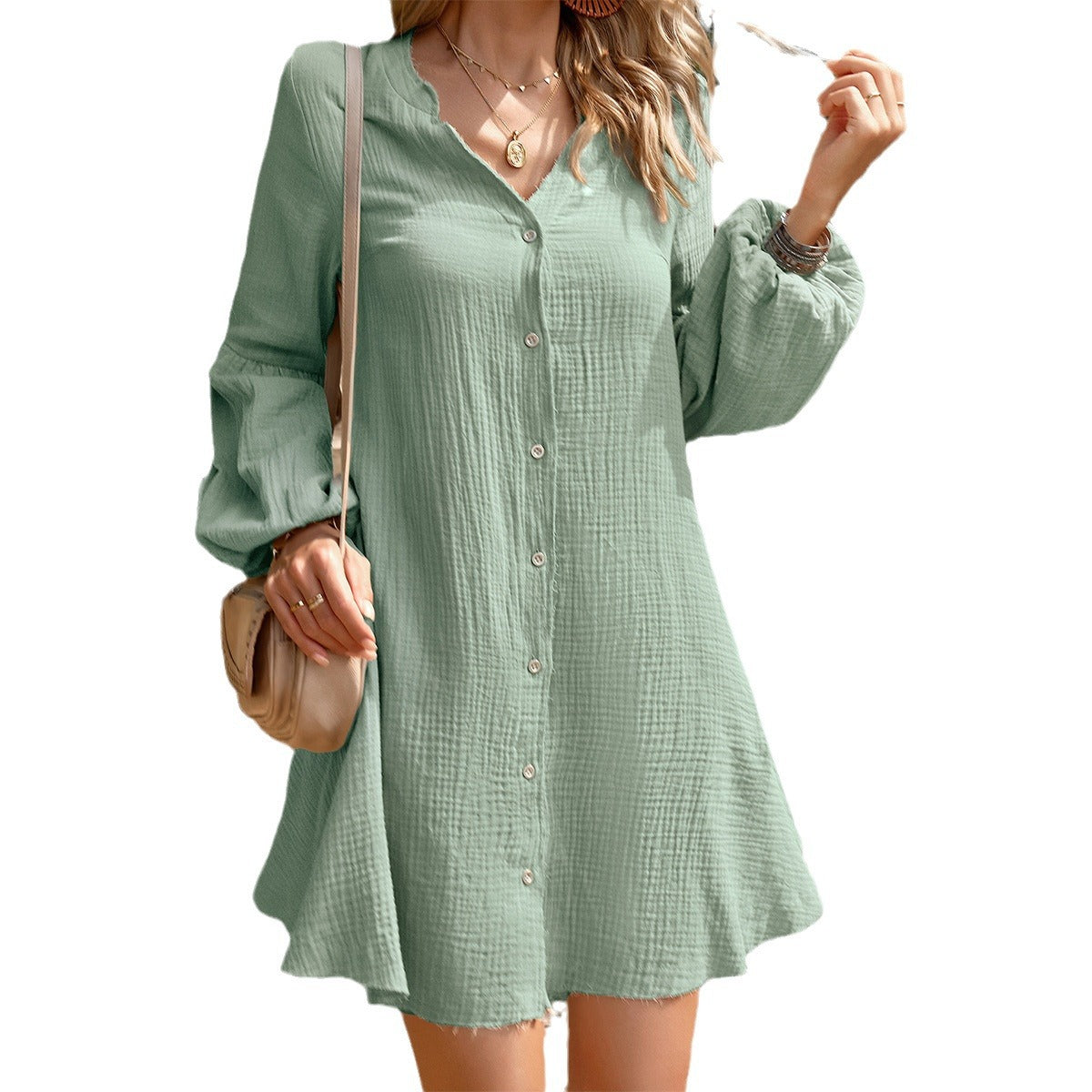 Robe cardigan boutonnée à manches bouffantes et style décontracté
