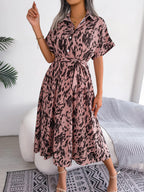 Robe chemise décontractée ample à imprimé léopard et taille nouée pour femme