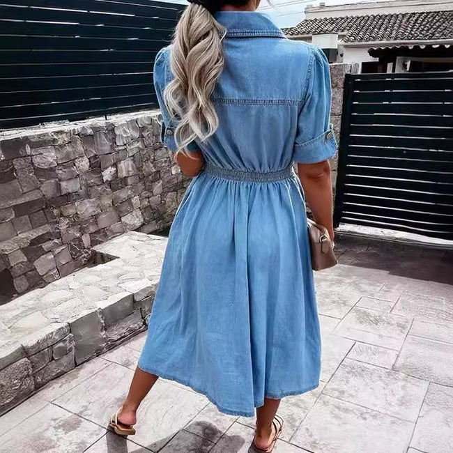 Robe en jean à revers et simple boutonnage pour femmes, robe d'été à manches courtes, coupe ajustée, style Ins Main Image