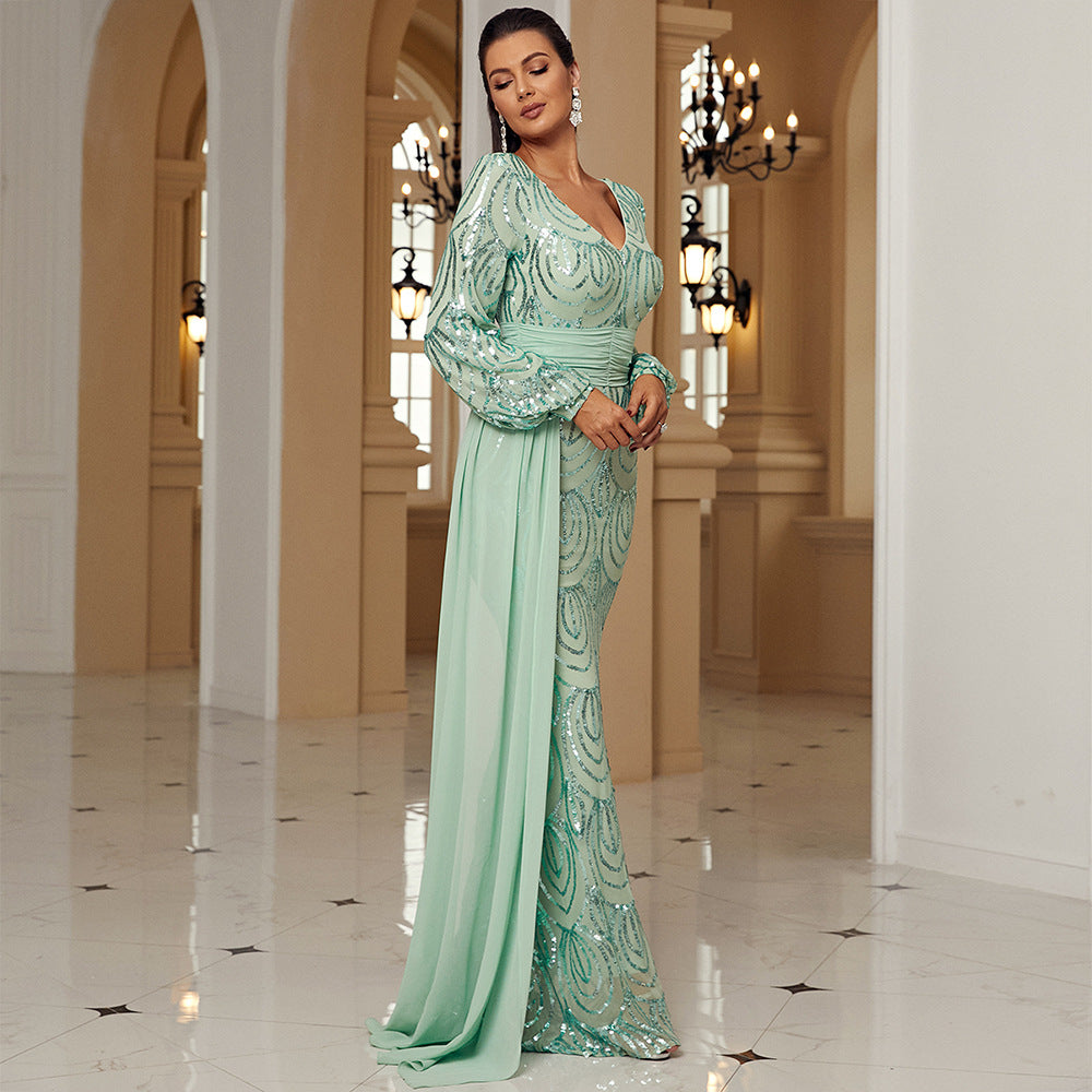 Robe de soirée longue à sequins, manches longues, col en V, avec ruban