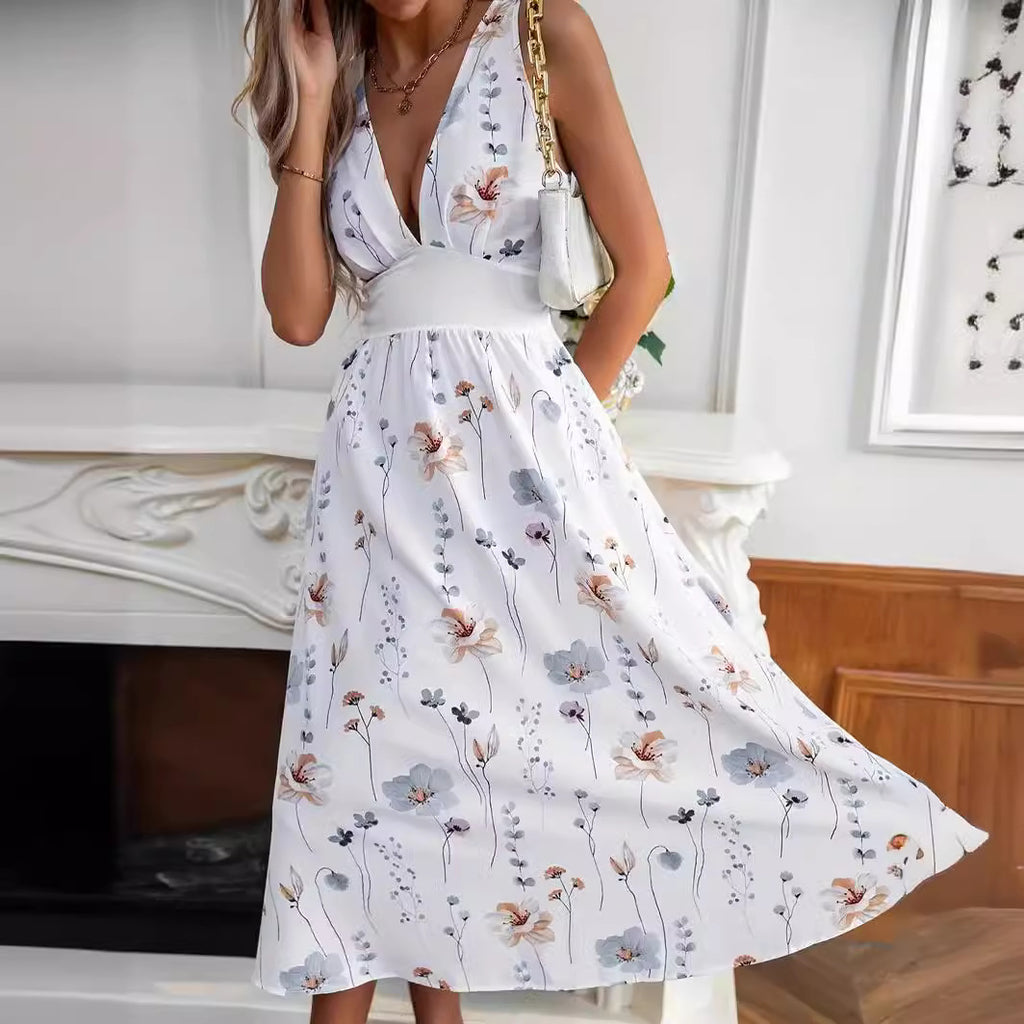 Nouvelle robe d'été sans manches à col en V, taille haute imprimée pour femmes