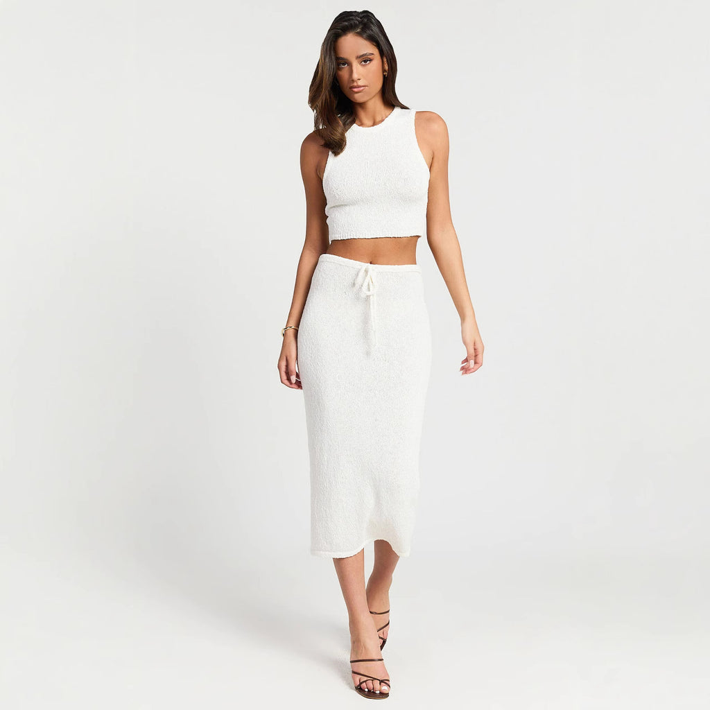 Ensemble deux pièces jupe longue taille haute tricotée sans manches de couleur unie pour femme, mode vacances