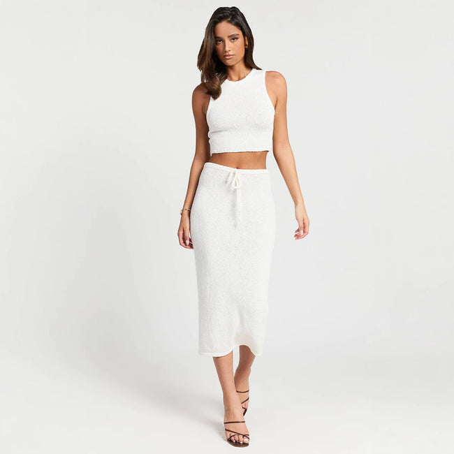 Ensemble deux pièces jupe longue taille haute tricotée sans manches de couleur unie pour femme, mode vacances Main Image