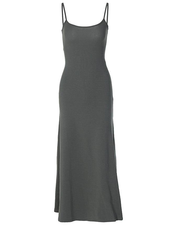 Robe gainante taille haute à bretelles, couleur unie, décontractée, coupe trapèze, longueur genou pour femmes Main Image