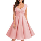 Robe mi-longue rétro pour femme, à col en V et manches mi-longues