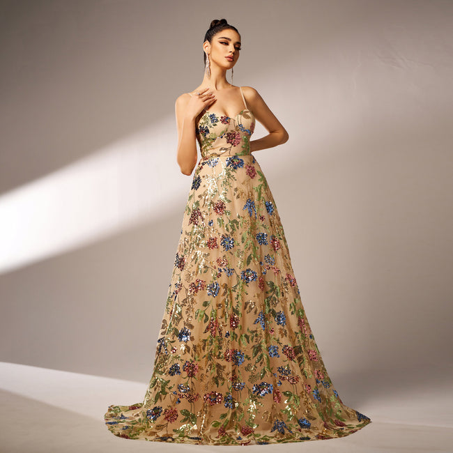 Élégante robe de soirée sans manches à paillettes et bretelles Main Image