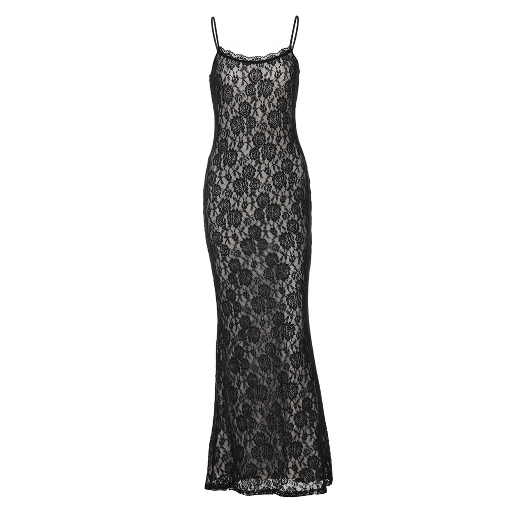 Robe longue en dentelle à patchwork, Robe fine à bretelles pour femme