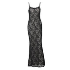 Robe longue en dentelle à patchwork, Robe fine à bretelles pour femme