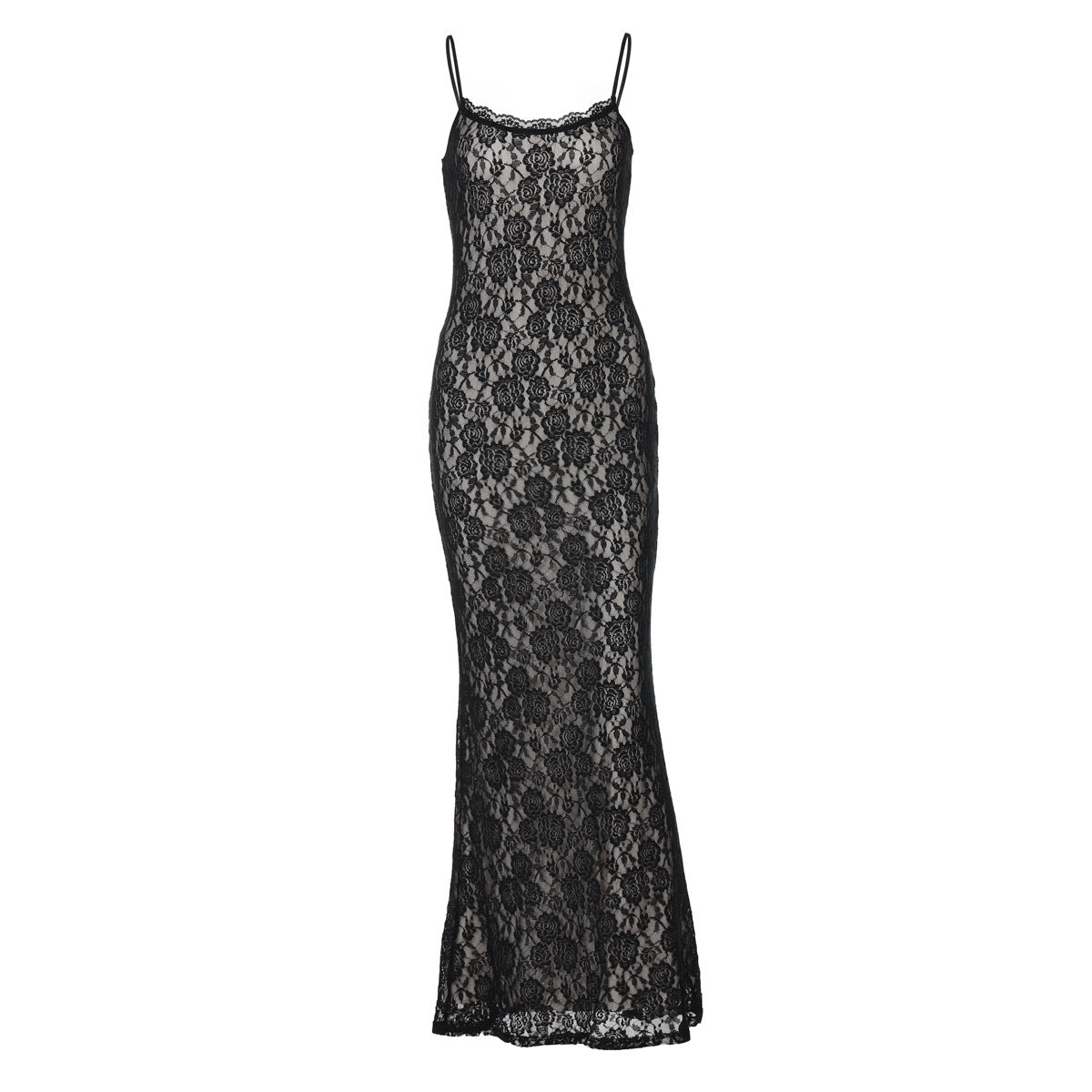 Robe longue en dentelle à patchwork, Robe fine à bretelles pour femme