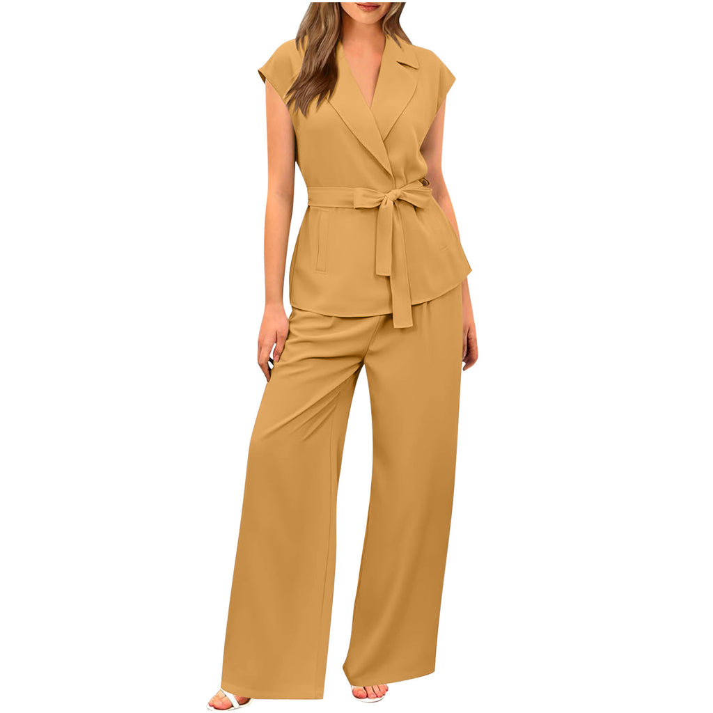 Ensemble deux pièces de costume pantalon large de couleur unie pour femme