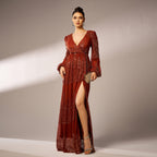 Robe de soirée longue à sequins, col en V et manches longues, sexy