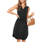 Robe Sans Manches Col V Boutonnée Avec Poches Robe D'été Décontractée À La Mode Avec Nœud À La Taille Vêtements Pour Femmes