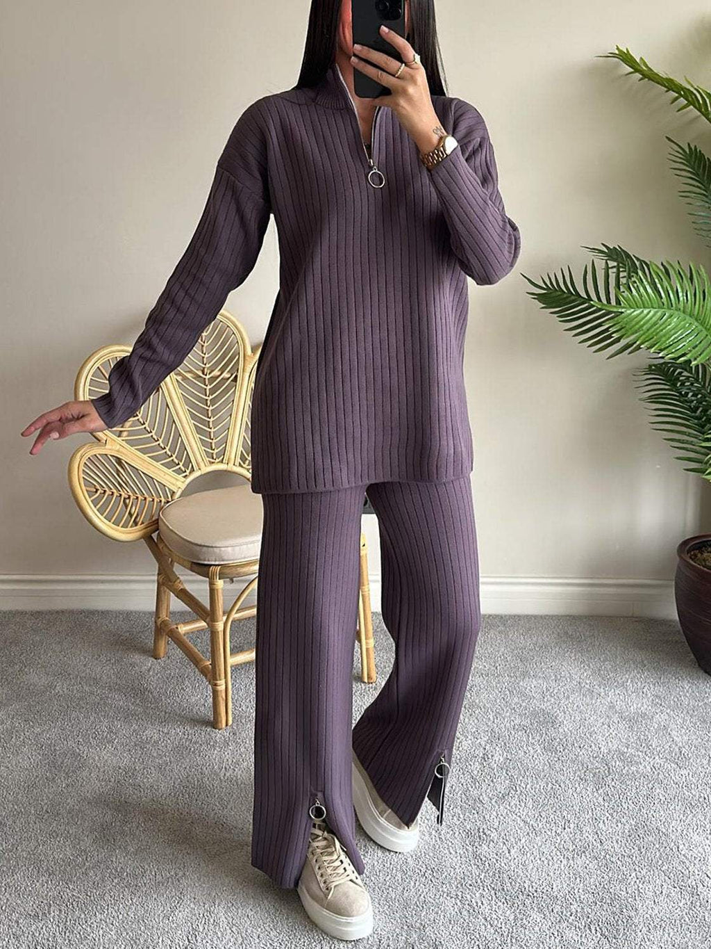 Vêtements d'automne pour femmes Couleur unie Fermeture éclair Tricot Col roulé Côtelé Tenue d'intérieur Ensemble deux pièces