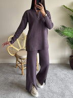 Vêtements d'automne pour femmes Couleur unie Fermeture éclair Tricot Col roulé Côtelé Tenue d'intérieur Ensemble deux pièces
