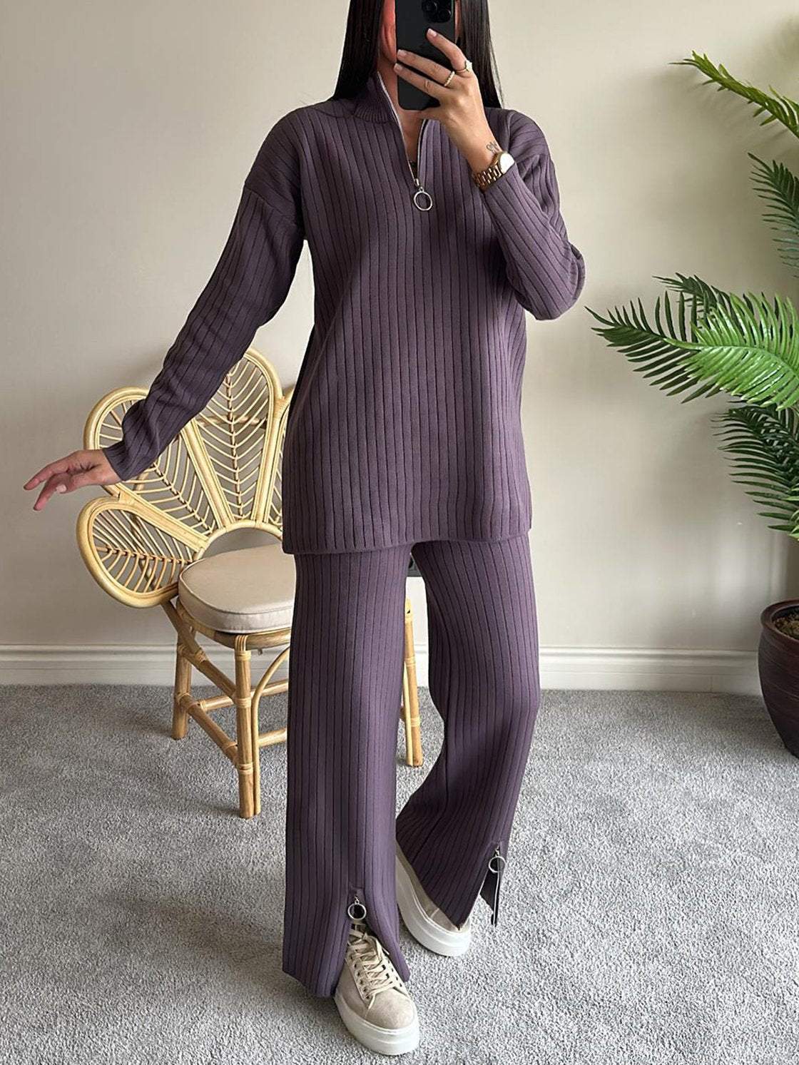 Vêtements d'automne pour femmes Couleur unie Fermeture éclair Tricot Col roulé Côtelé Tenue d'intérieur Ensemble deux pièces