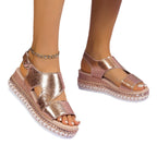 Sandales compensées européennes et américaines grande taille à bout ouvert avec bride élastique, talons hauts, sandales romaines en argent pour femmes