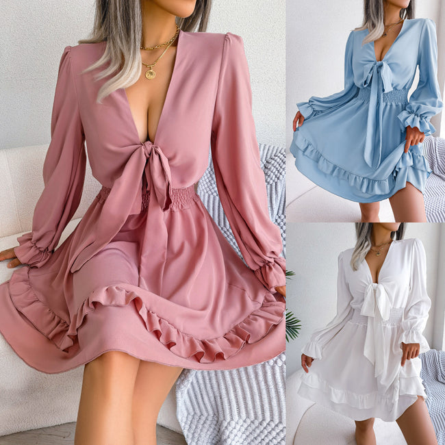 Robes d'été de couleur unie, col en V, manches longues pour femmes, robe trapèze sexy à lacets, robe de plage pour femmes Hover Image