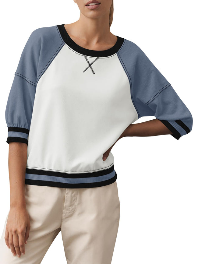Fisoew Sweat-shirt ras du cou pour femme - Manches courtes raglan côtelées - Haut ample bicolore Main Image