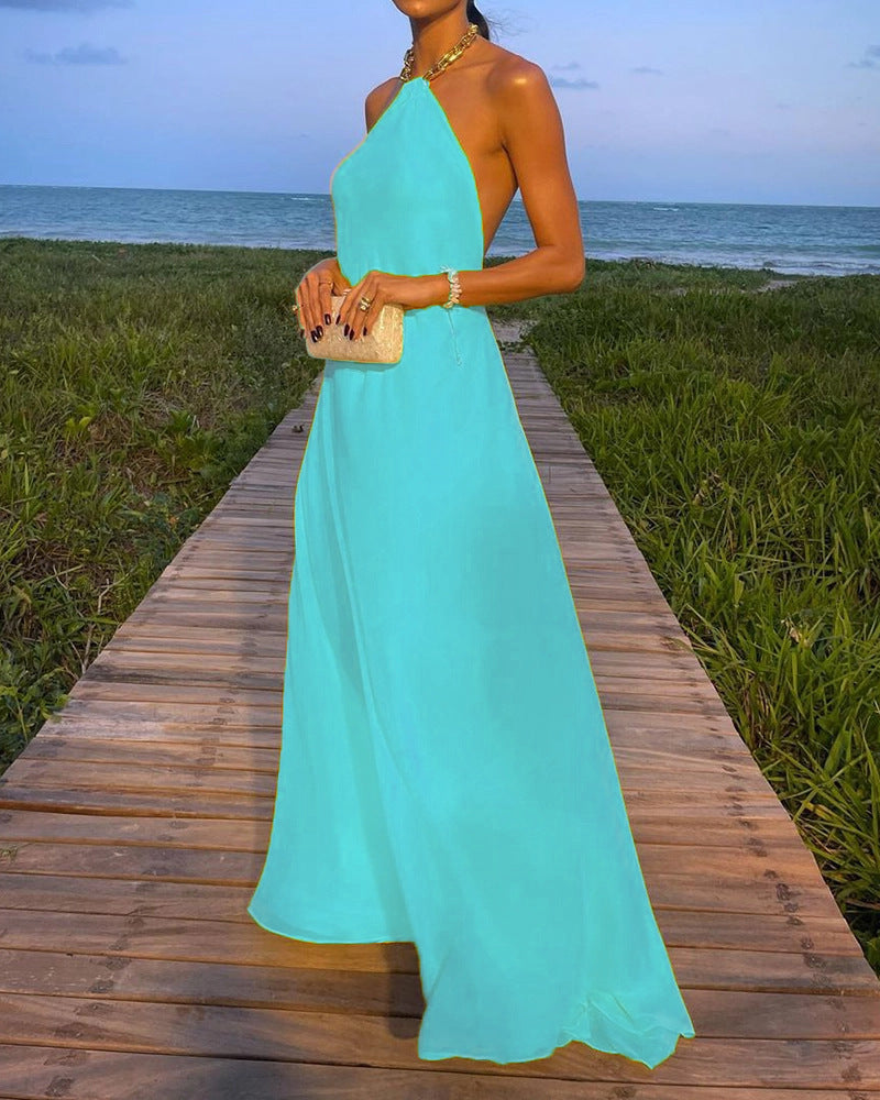 Robe longue dos nu sexy unie à grand décolleté licou