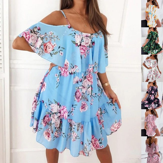 Robe d'été à bretelles et volants imprimée fleurs, épaules dénudées pour femmes Hover Image