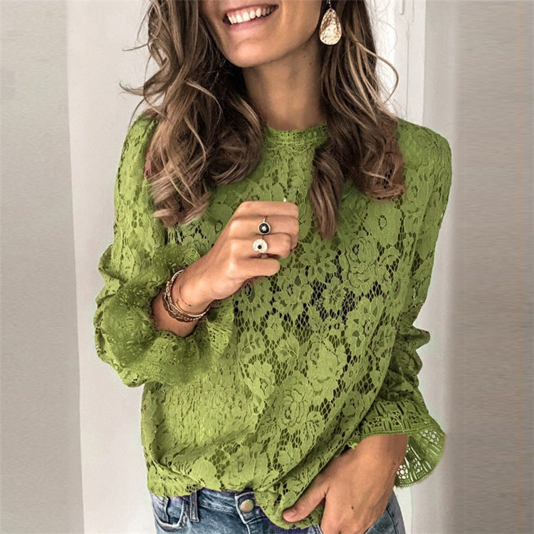 Chemise femme en dentelle évidée à manches longues et manches évasées, très prisée