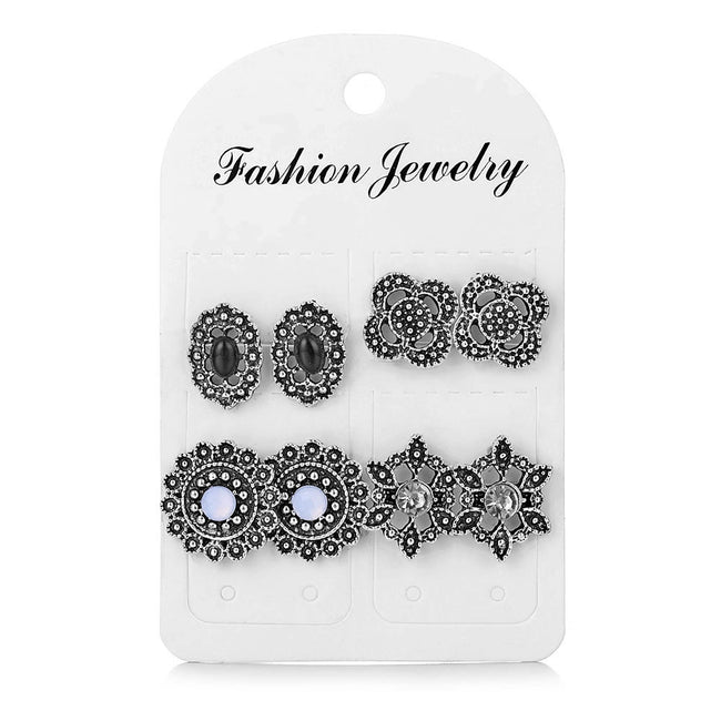 Retro Diamonds Flowers 4 Pairs Earings Set Main Image