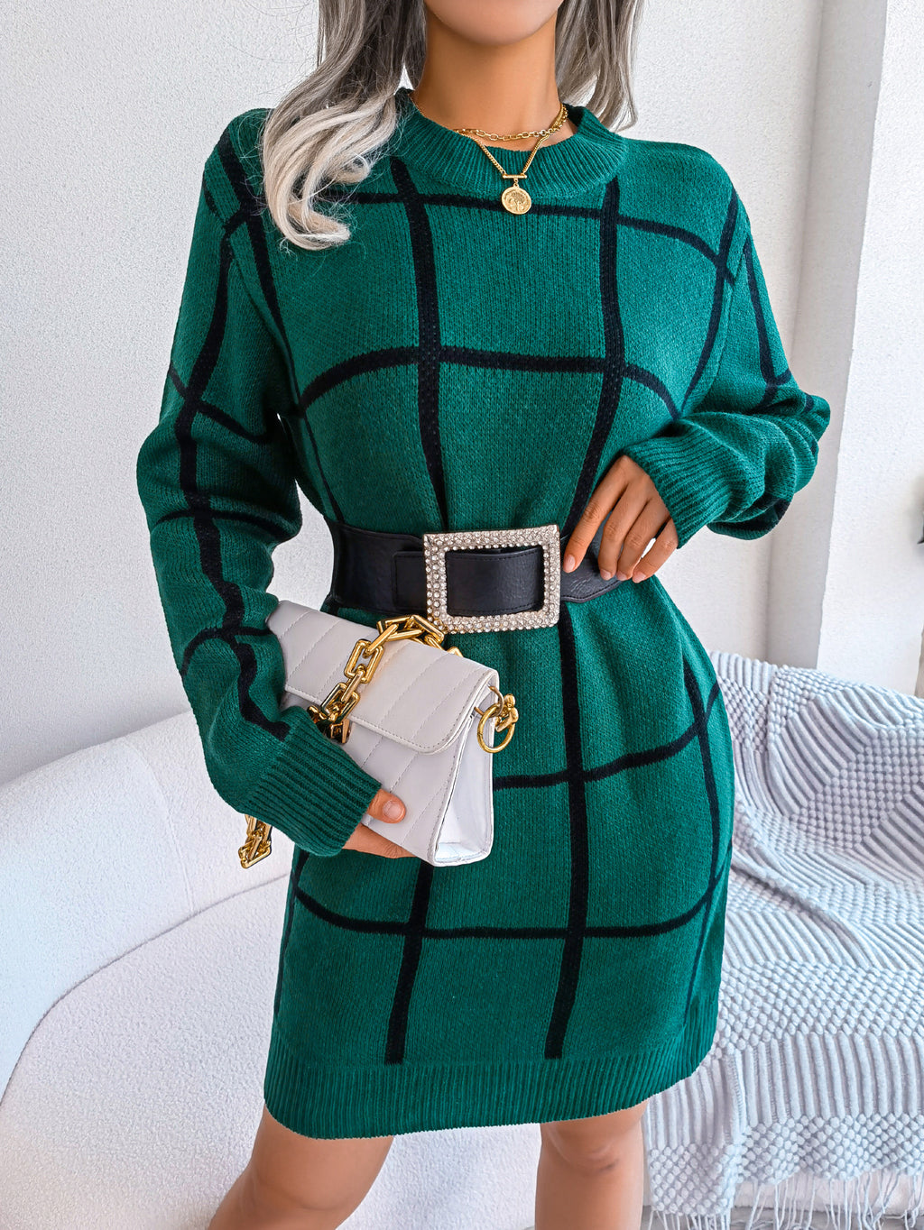 Robe pull décontractée à manches longues à carreaux color block