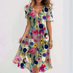 Robe d'été évasée à fleurs imprimées et col en V, à manches courtes pour femme