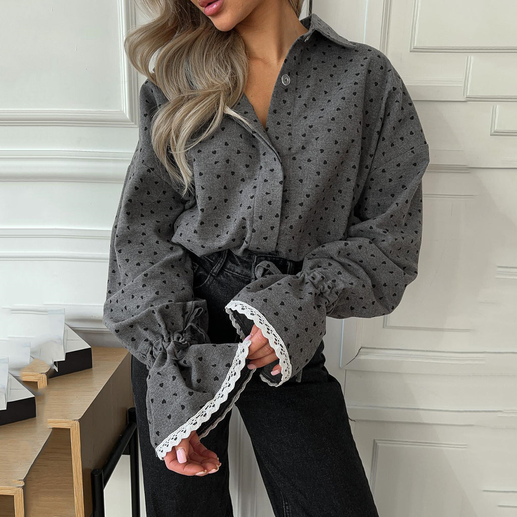 Chemise boutonnée élégante haut de gamme à imprimé cœur pour femme