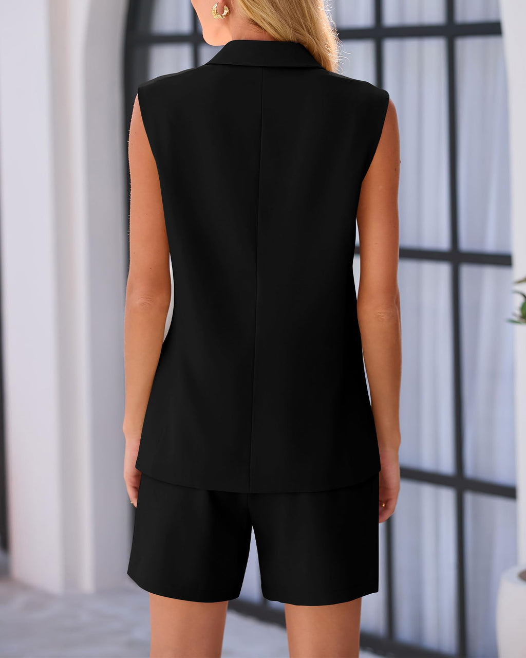 Ensemble deux pièces sans manches blazer croisé couleur unie pour femmes