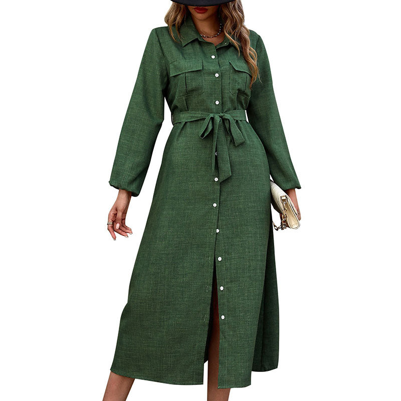 Nouvelle robe verte unie à manches longues et col rabattu pour femmes