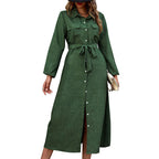 Nouvelle robe verte unie à manches longues et col rabattu pour femmes