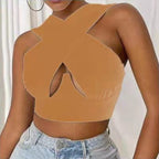 Gilet court à col en V, fermeture éclair latérale, coupe croisée, pour femme.