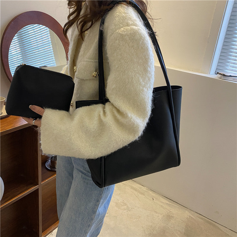 Sacs fourre-tout décontractés de grande capacité pour femmes, sac à bandoulière de shopping de couleur unie avec portefeuille, sac à main pour dames