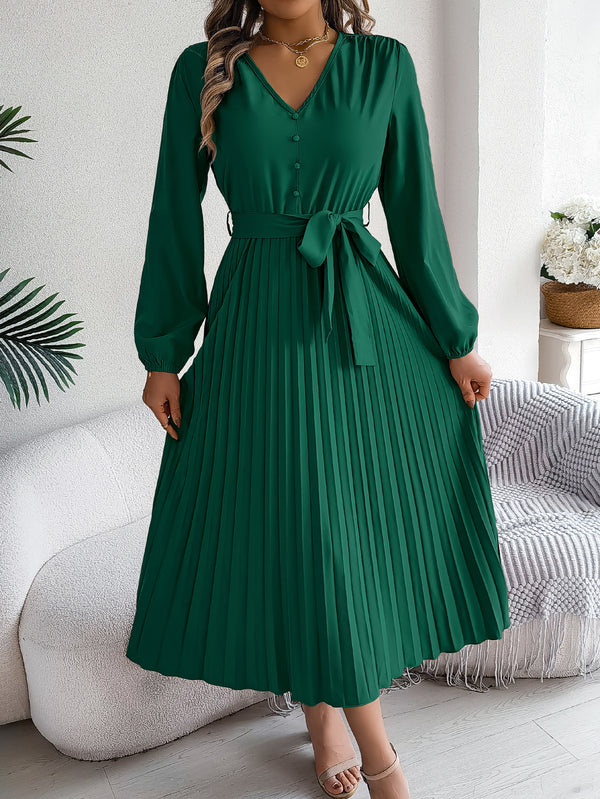 Robe longue élégante pour femme, décolleté en V, boutonnée, taille nouée, plissée évasée