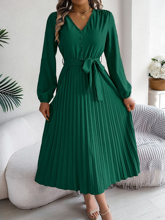 Robe longue élégante pour femme, décolleté en V, boutonnée, taille nouée, plissée évasée Hover Image
