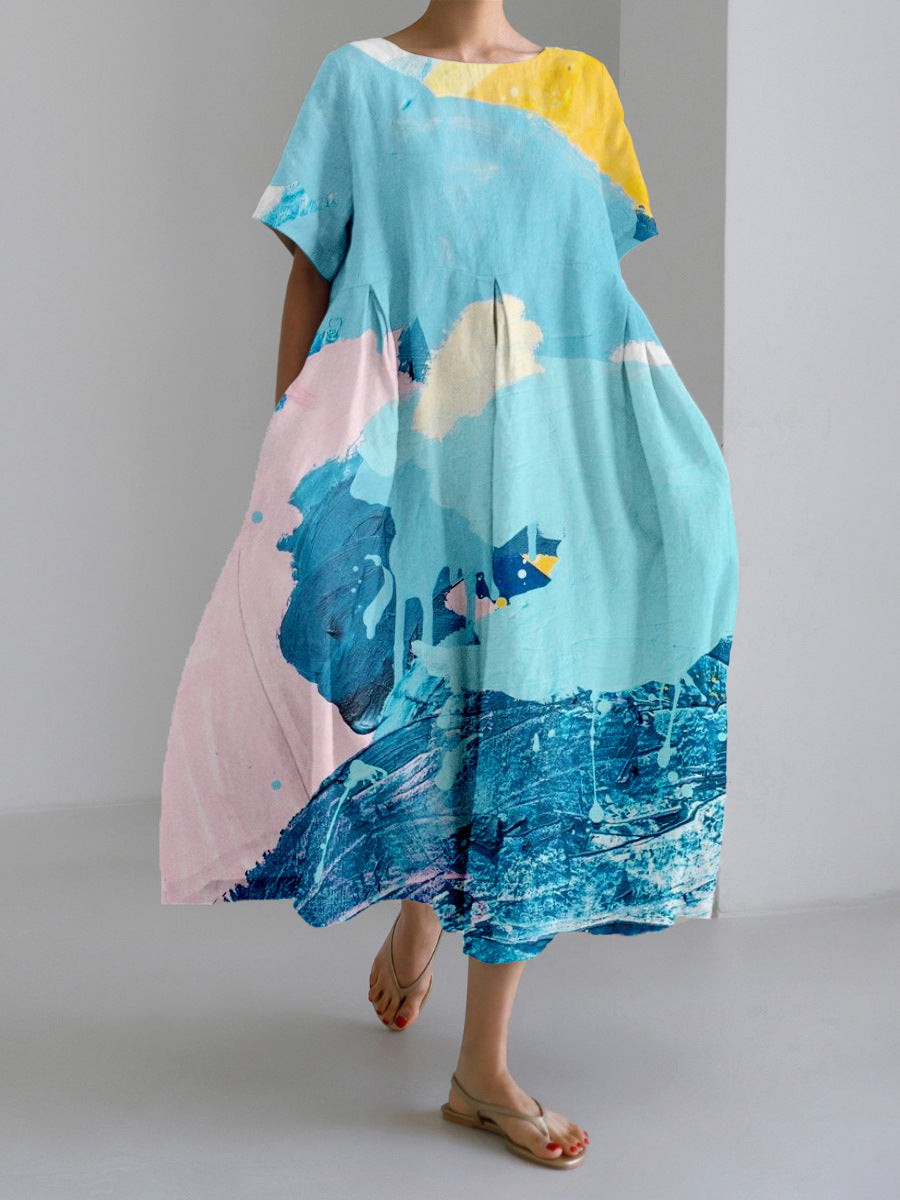 Robe Mode Courte Ample à Col Rond et Imprimé Fantaisie