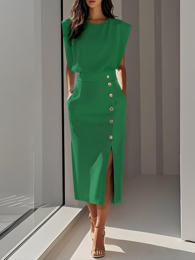Robe midi décontractée sans manches fendue boutonnée d'été pour femme