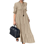 Robe longue décontractée ample à revers en coton et lin de couleur unie à large ourlet pour femme