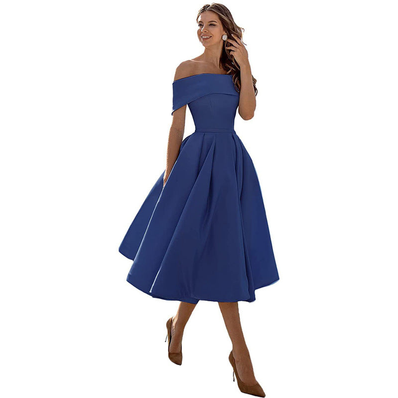 Robe de Soirée Formelle en Satin pour Femme sans Bretelles, Coupe Décontractée, Longueur Thé, Épaules Dénudées, avec Poches