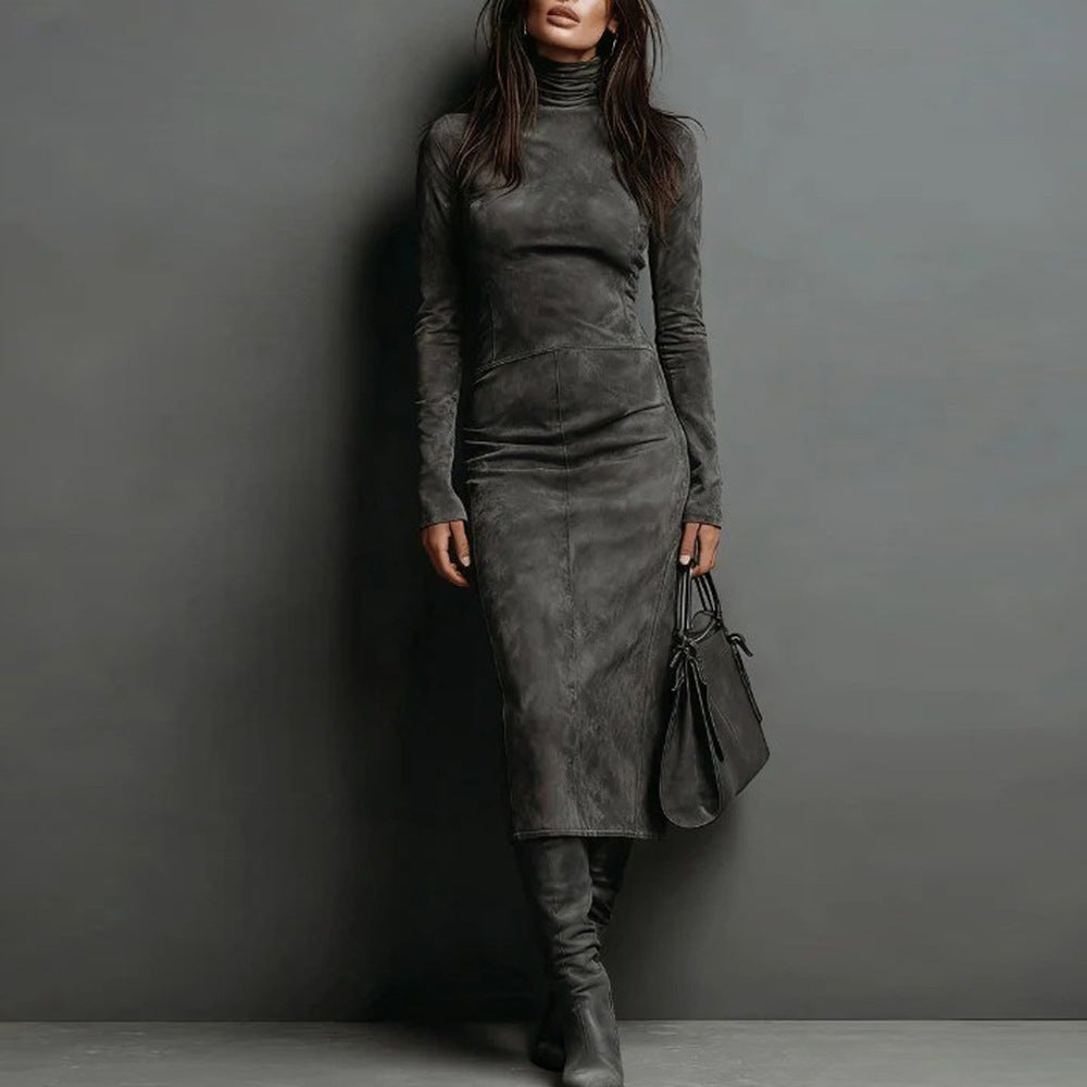 Robe longue à col roulé et manches longues, moulante, sexy, pour femme