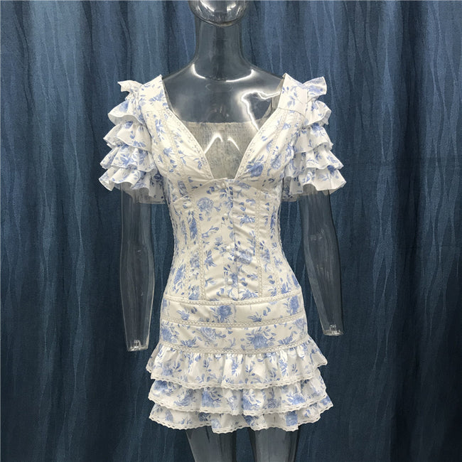 Robe Courte Volants Bleu Clair Femme Main Image