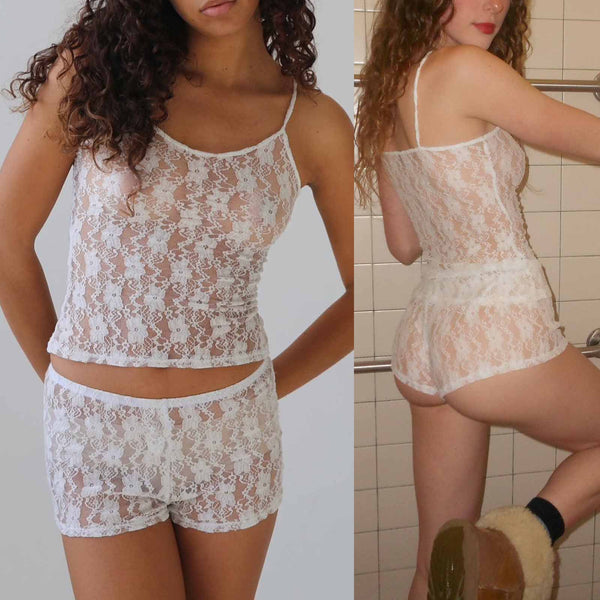 Ensemble de lingerie sexy en dentelle, débardeur en maille transparente et jupe courte ajourée, deux pièces