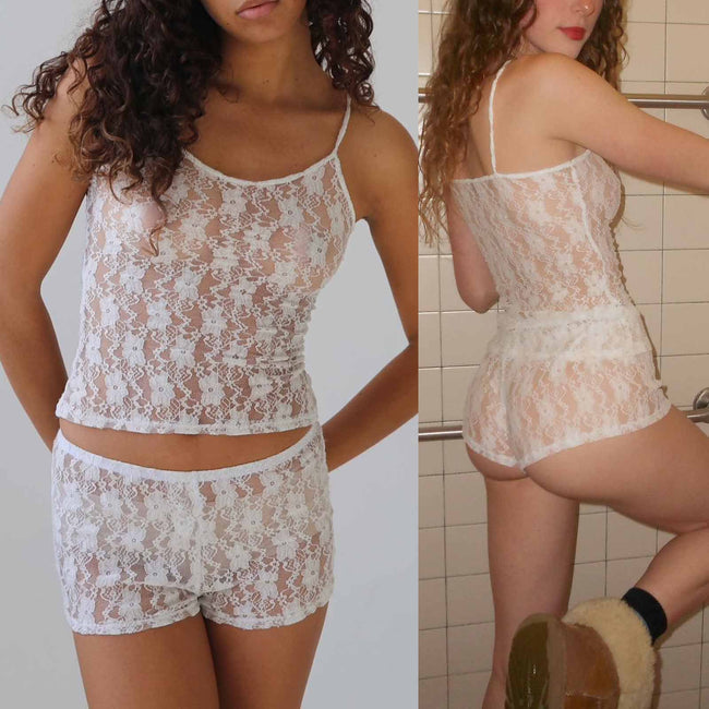 Ensemble de lingerie sexy en dentelle, débardeur en maille transparente et jupe courte ajourée, deux pièces Hover Image