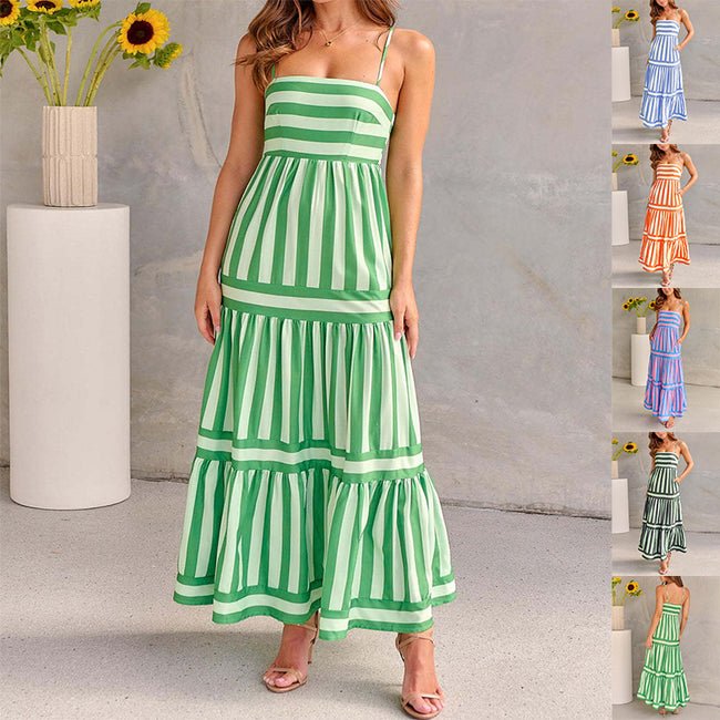 Robe longue à bretelles imprimée rayée d'été avec poches Robes dos nu à col carré tendance pour les vacances à la plage Vêtements pour femmes Hover Image