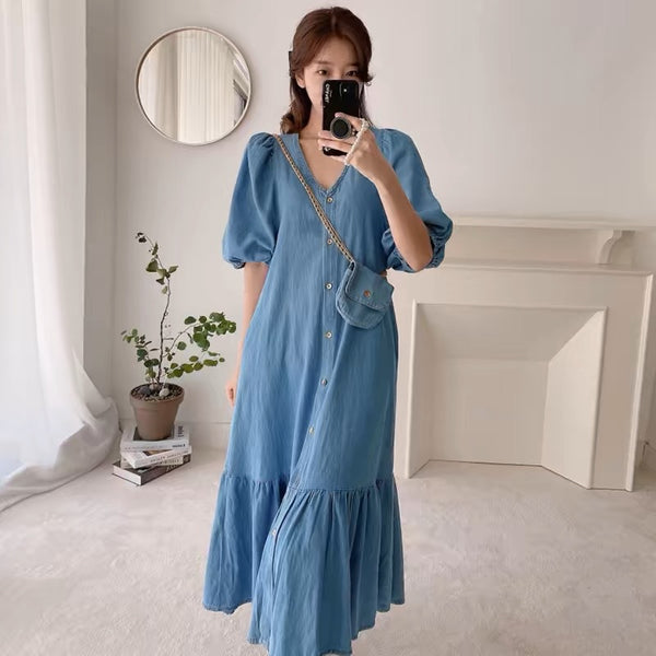 Robe Courte en Jean à Manches Courtes en Tissu Lotus Décontractée