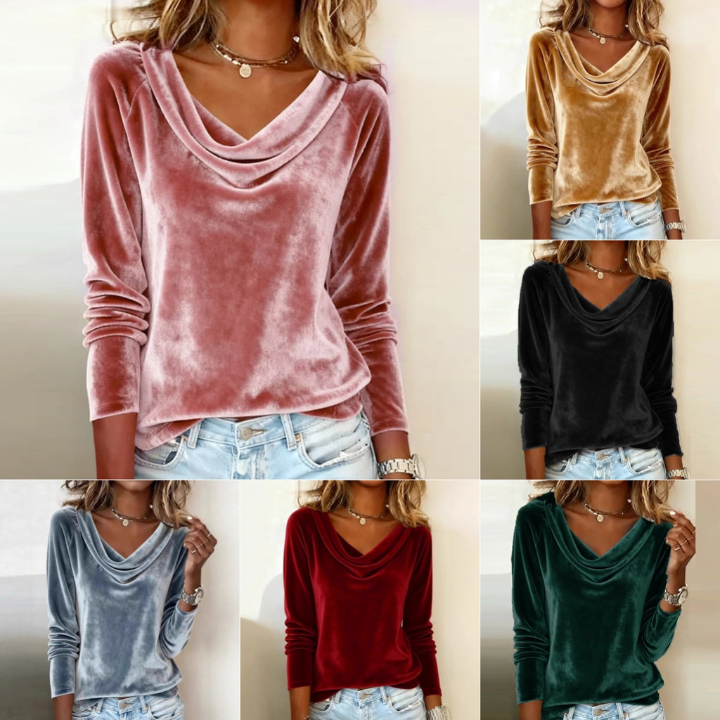 Chemises élégantes en velours à manches longues pour femmes, couleur unie, coupe ample, chemisiers à la mode, pulls, vêtements de fête pour l'automne et le printemps